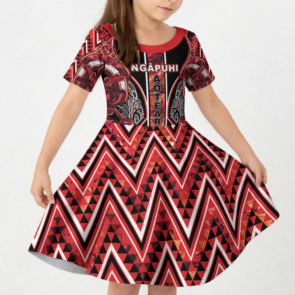 Aotearoa Ngapuhi Kid Short Sleeve Dress Maori Red Tribal Paua Shell Pattern DT05 KID Red - Polynesian Pride