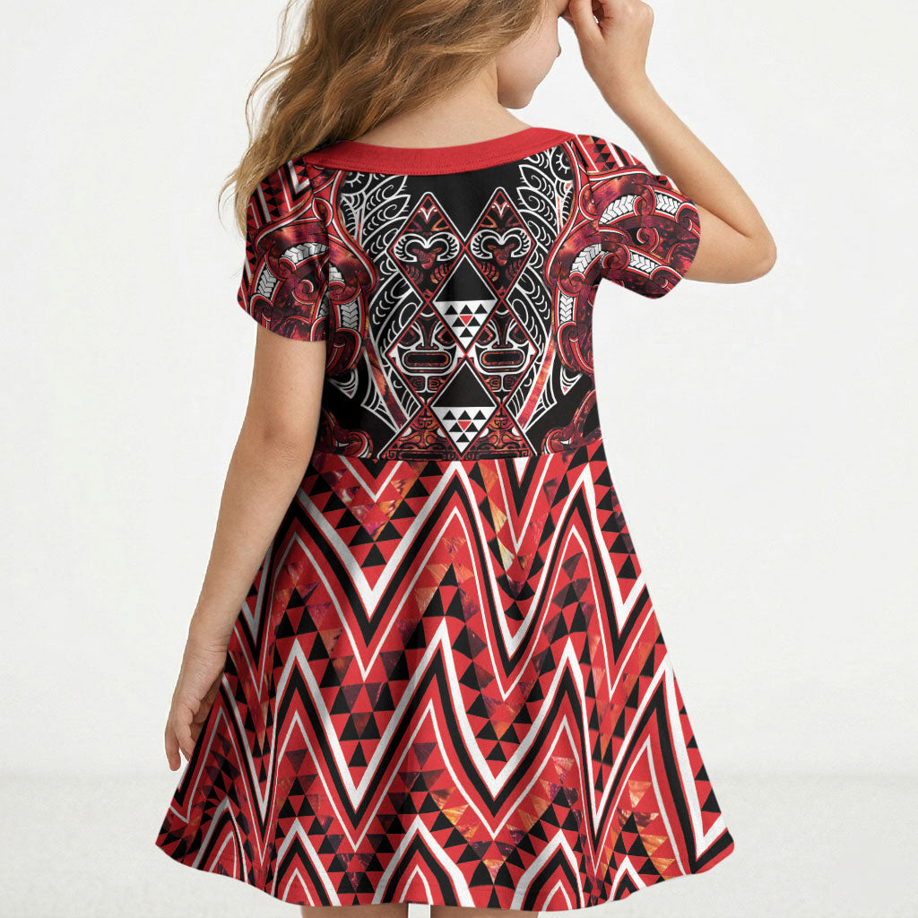 Aotearoa Ngapuhi Kid Short Sleeve Dress Maori Red Tribal Paua Shell Pattern DT05 - Polynesian Pride