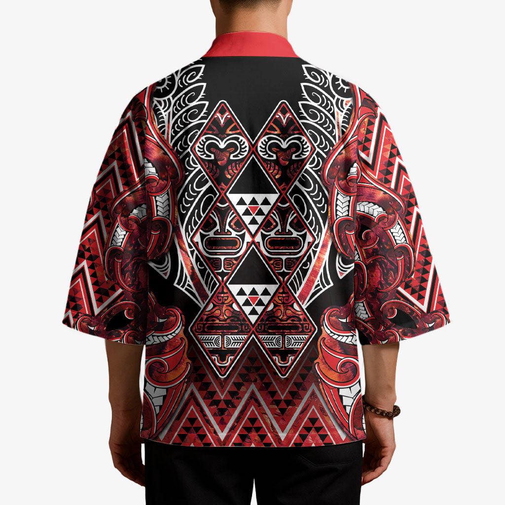 Aotearoa Ngapuhi Kimono Maori Red Tribal Paua Shell Pattern DT05 - Polynesian Pride