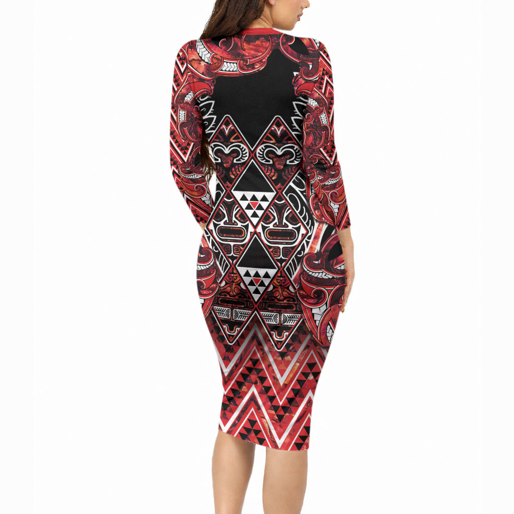 Aotearoa Ngapuhi Long Sleeve Bodycon Dress Maori Red Tribal Paua Shell Pattern DT05 - Polynesian Pride