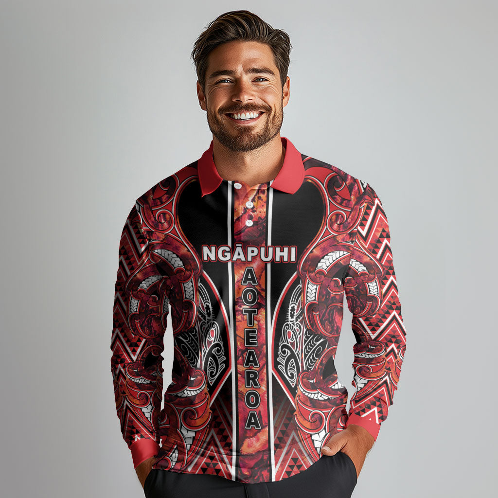 Aotearoa Ngapuhi Long Sleeve Polo Shirt Maori Red Tribal Paua Shell Pattern DT05 - Polynesian Pride