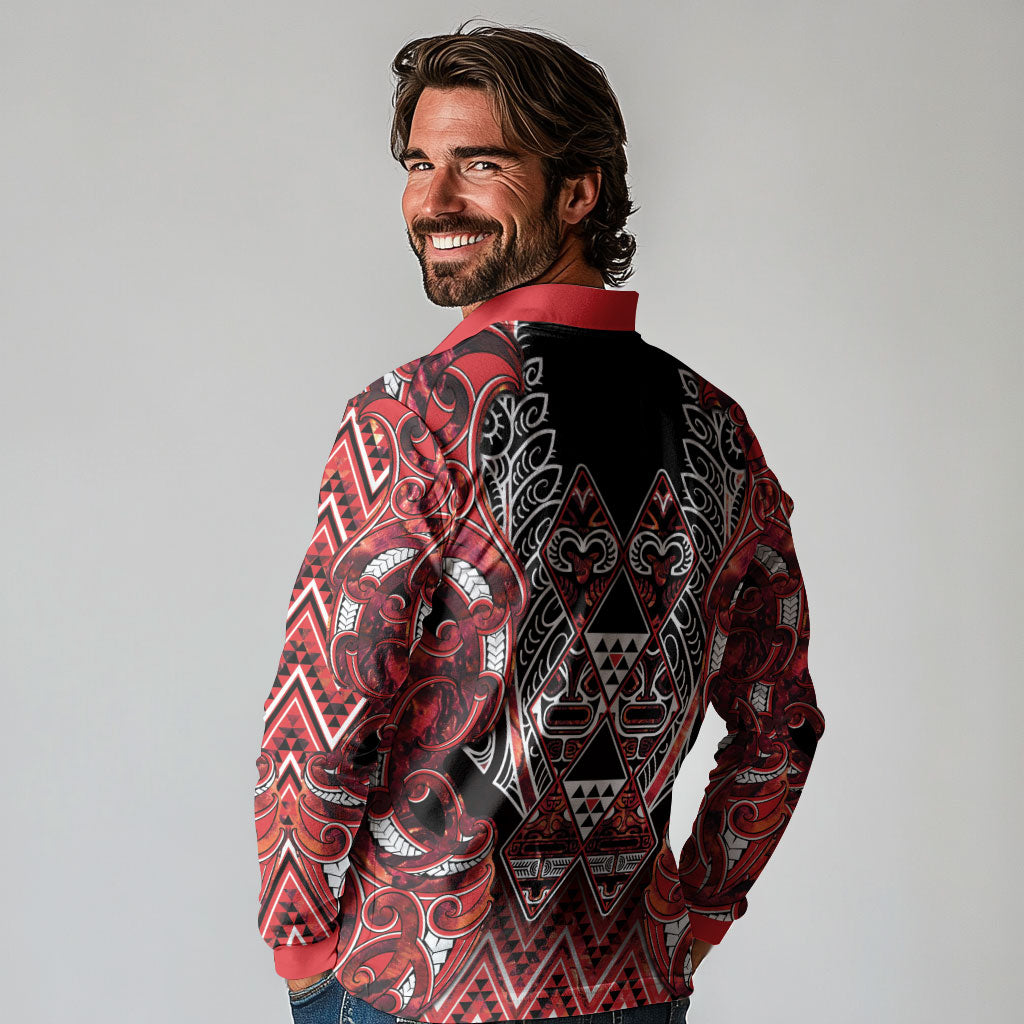 Aotearoa Ngapuhi Long Sleeve Polo Shirt Maori Red Tribal Paua Shell Pattern DT05 - Polynesian Pride