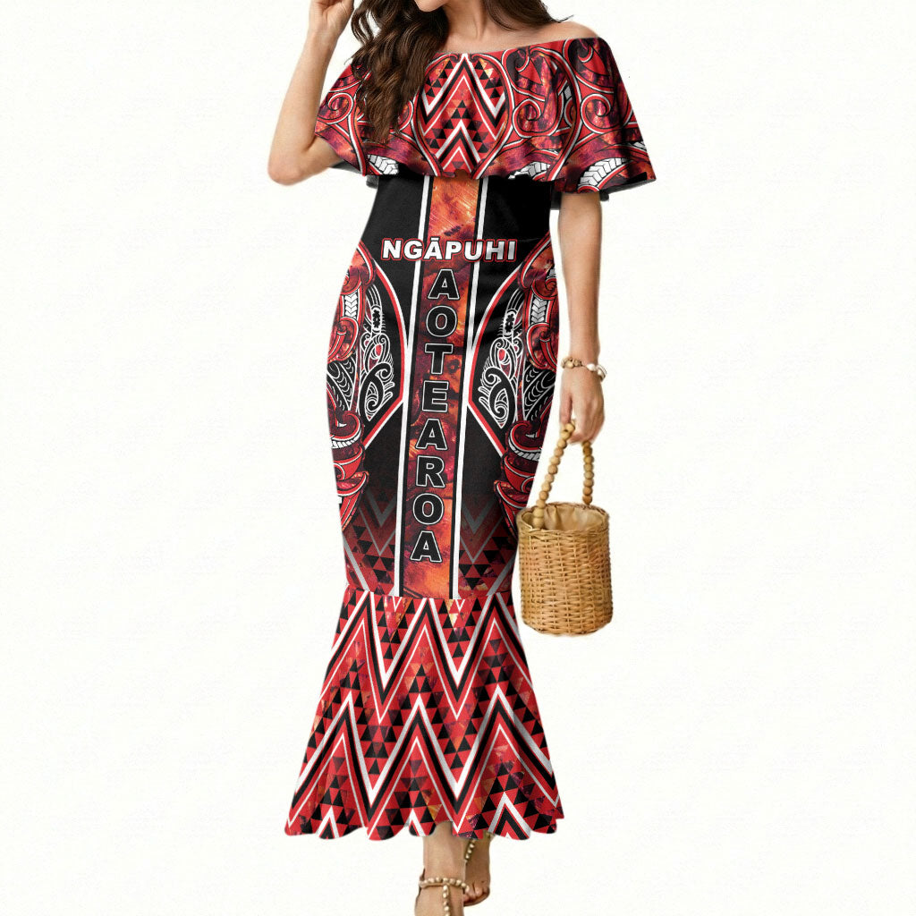 Aotearoa Ngapuhi Mermaid Dress Maori Red Tribal Paua Shell Pattern DT05 Women Red - Polynesian Pride
