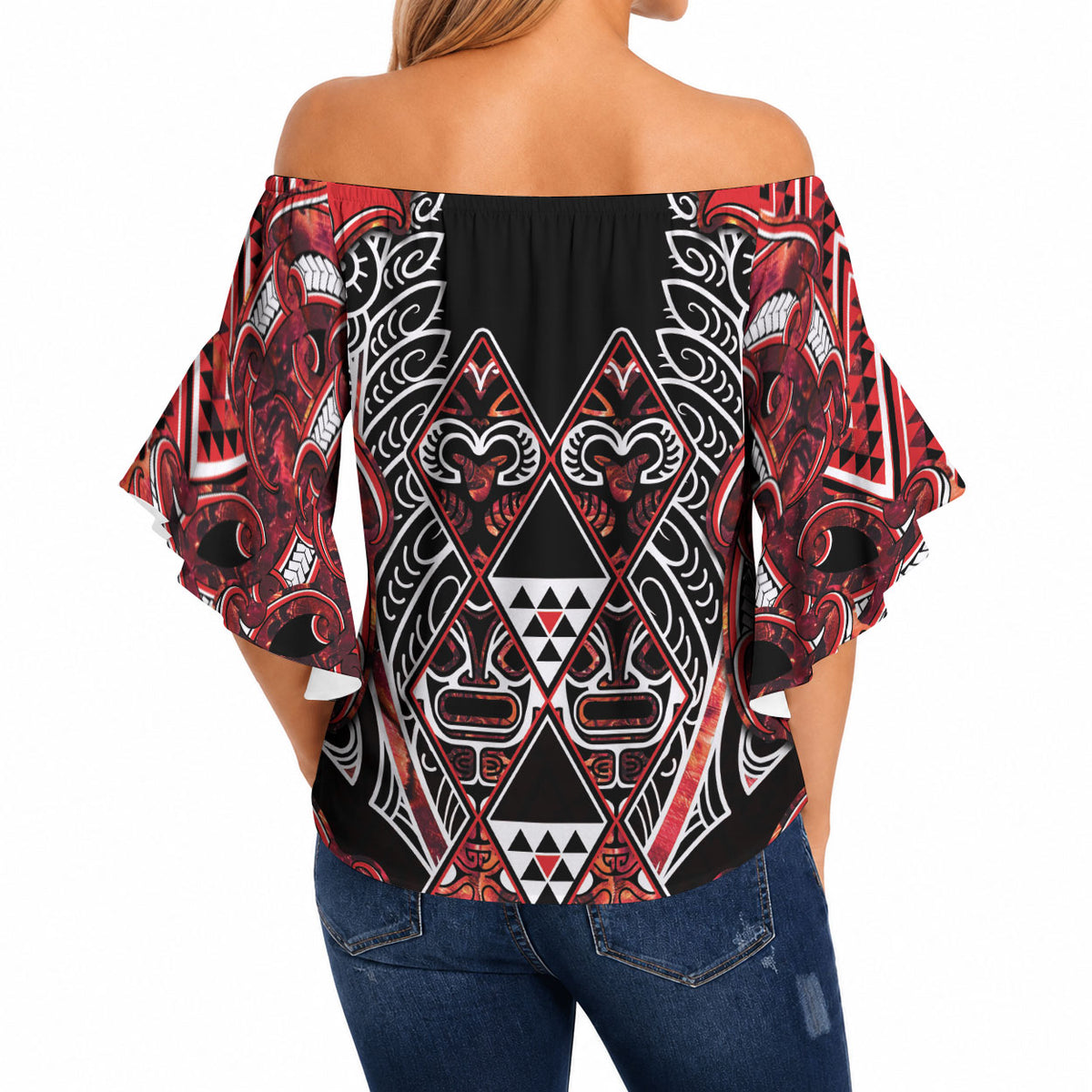 Aotearoa Ngapuhi Off Shoulder Wrap Waist Top Maori Red Tribal Paua Shell Pattern DT05 - Polynesian Pride