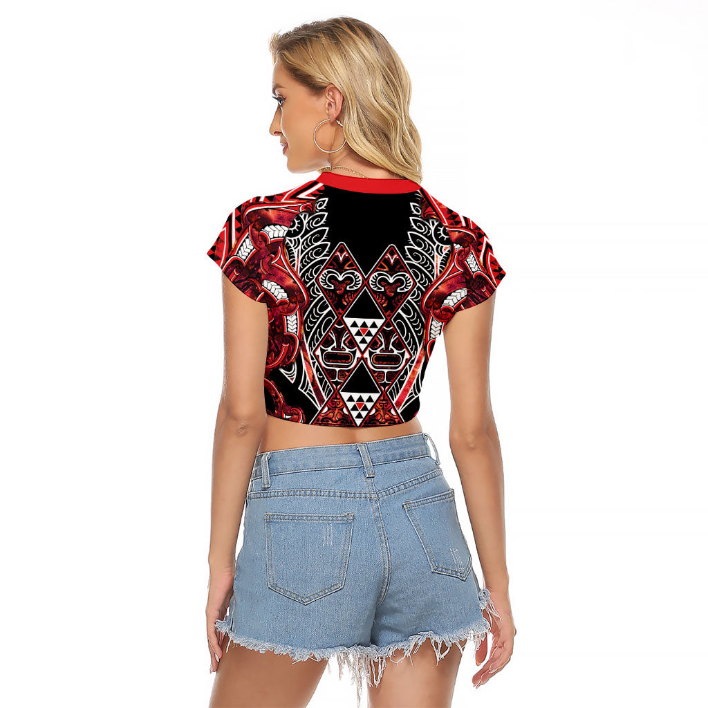 Aotearoa Ngapuhi Raglan Cropped T Shirt Maori Red Tribal Paua Shell Pattern DT05 - Polynesian Pride