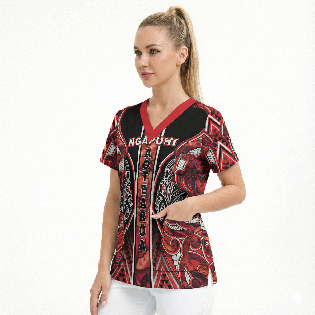 Aotearoa Ngapuhi Scrub Top Maori Red Tribal Paua Shell Pattern DT05 - Polynesian Pride