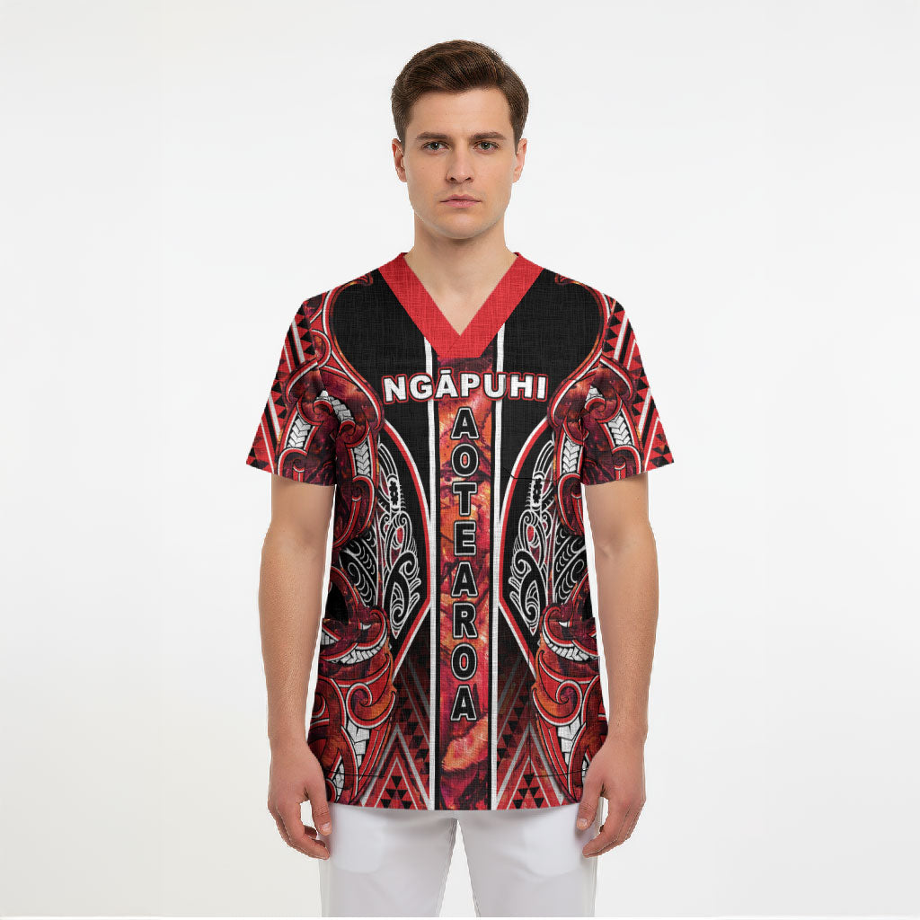 Aotearoa Ngapuhi Scrub Top Maori Red Tribal Paua Shell Pattern DT05 - Polynesian Pride
