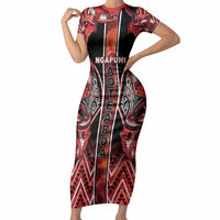 Aotearoa Ngapuhi Short Sleeve Bodycon Dress Maori Red Tribal Paua Shell Pattern DT05 Long Dress Red - Polynesian Pride