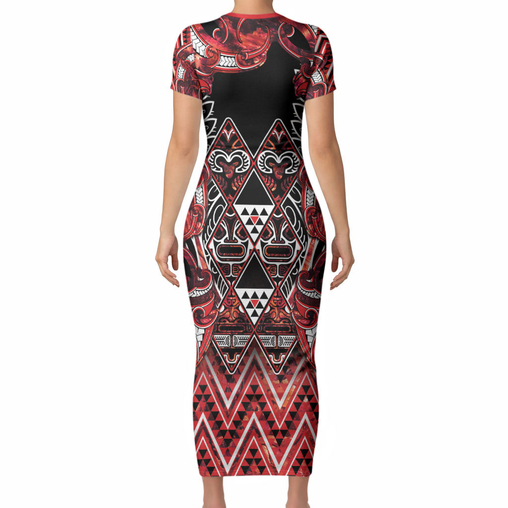 Aotearoa Ngapuhi Short Sleeve Bodycon Dress Maori Red Tribal Paua Shell Pattern DT05 - Polynesian Pride
