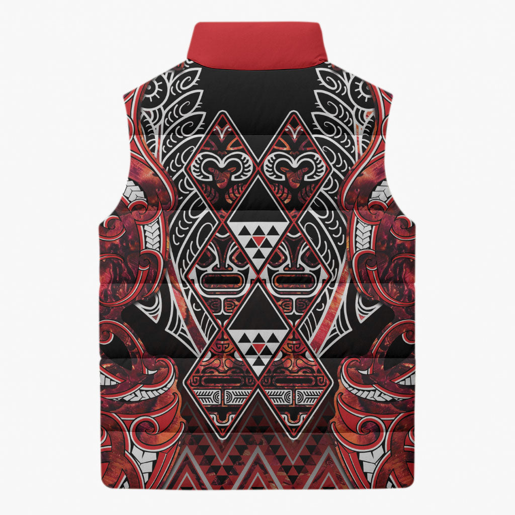 Aotearoa Ngapuhi Sleeveless Puffer Jacket Maori Red Tribal Paua Shell Pattern DT05 - Polynesian Pride