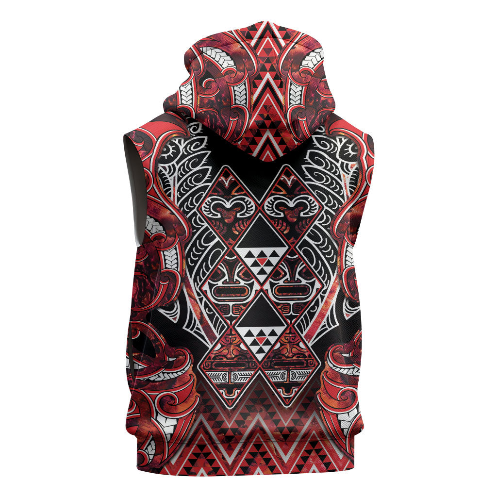 Aotearoa Ngapuhi Sleeveless Zip Hoodie Maori Red Tribal Paua Shell Pattern DT05 - Polynesian Pride