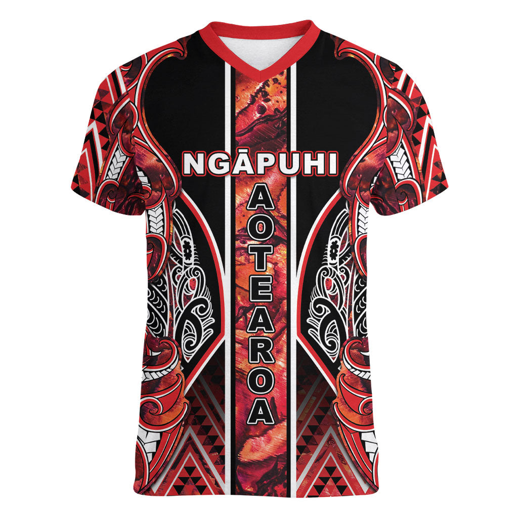 Aotearoa Ngapuhi Women V-Neck T-Shirt Maori Red Tribal Paua Shell Pattern DT05 Female Red - Polynesian Pride