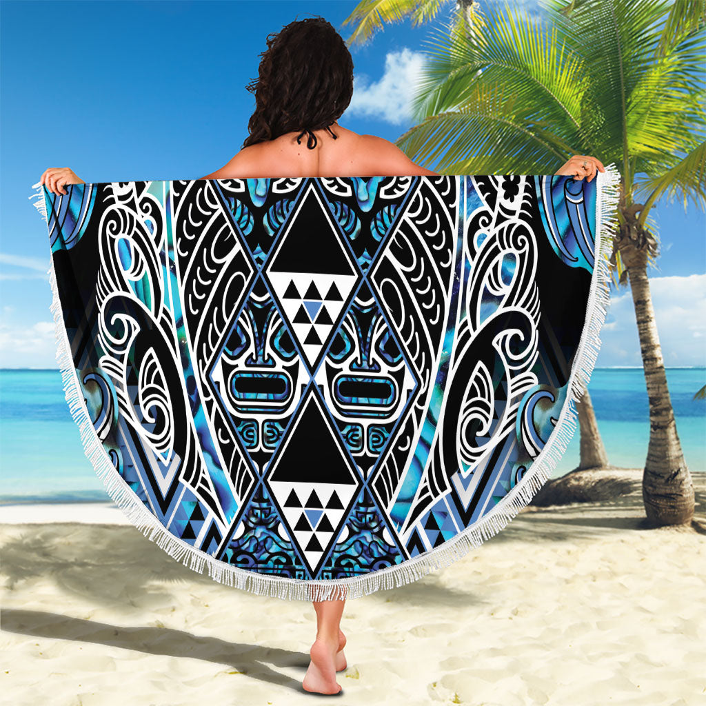 Aotearoa Ngati Porou Beach Blanket Maori Light Blue Tribal Paua Shell Pattern DT05 - Polynesian Pride