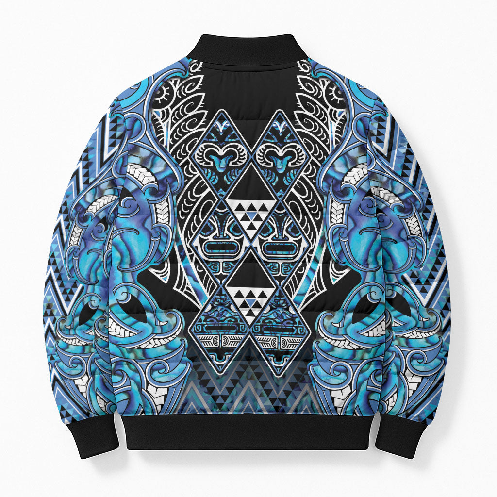 Aotearoa Ngati Porou Bomber Puffer Jacket Maori Light Blue Tribal Paua Shell Pattern DT05 - Polynesian Pride