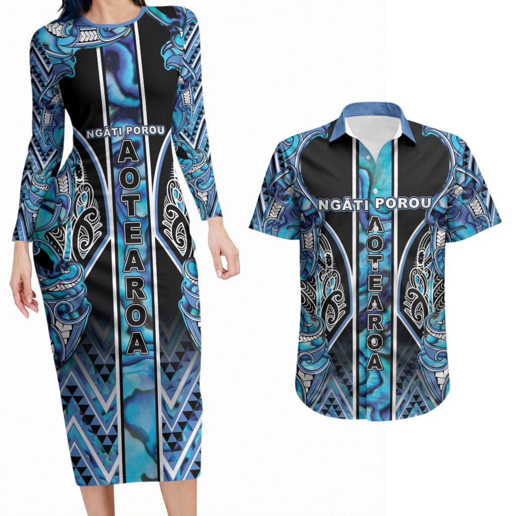 Aotearoa Ngati Porou Couples Matching Long Sleeve Bodycon Dress and Hawaiian Shirt Maori Light Blue Tribal Paua Shell Pattern DT05 Blue - Polynesian Pride