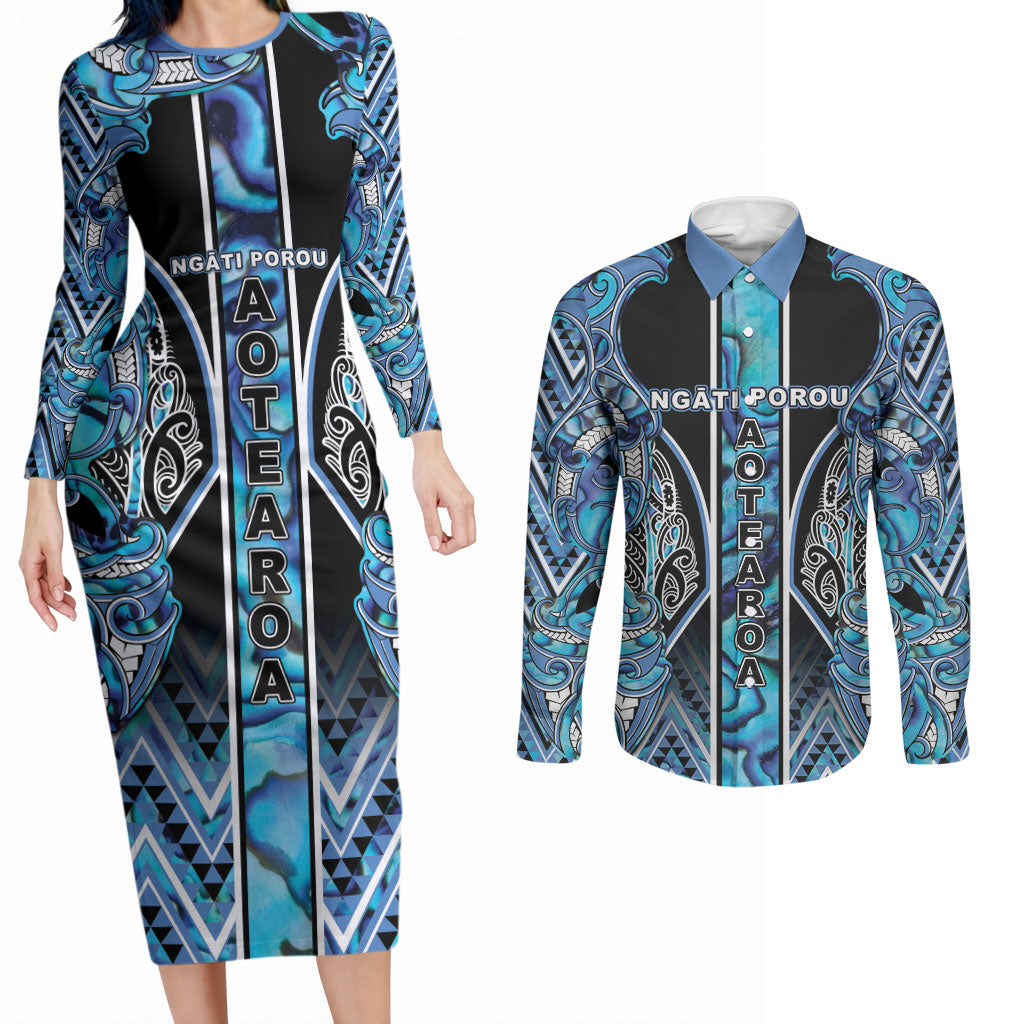 Aotearoa Ngati Porou Couples Matching Long Sleeve Bodycon Dress and Long Sleeve Button Shirt Maori Light Blue Tribal Paua Shell Pattern DT05 Blue - Polynesian Pride