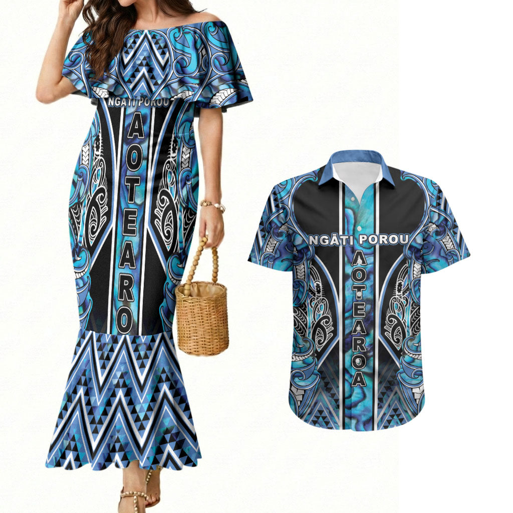 Aotearoa Ngati Porou Couples Matching Mermaid Dress and Hawaiian Shirt Maori Light Blue Tribal Paua Shell Pattern DT05 Blue - Polynesian Pride