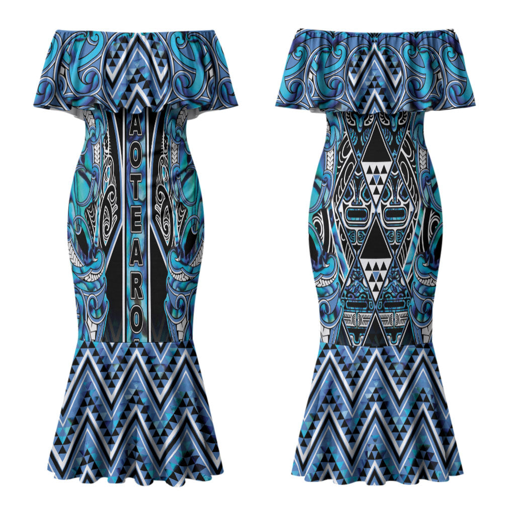Aotearoa Ngati Porou Couples Matching Mermaid Dress and Long Sleeve Button Shirt Maori Light Blue Tribal Paua Shell Pattern DT05 - Polynesian Pride
