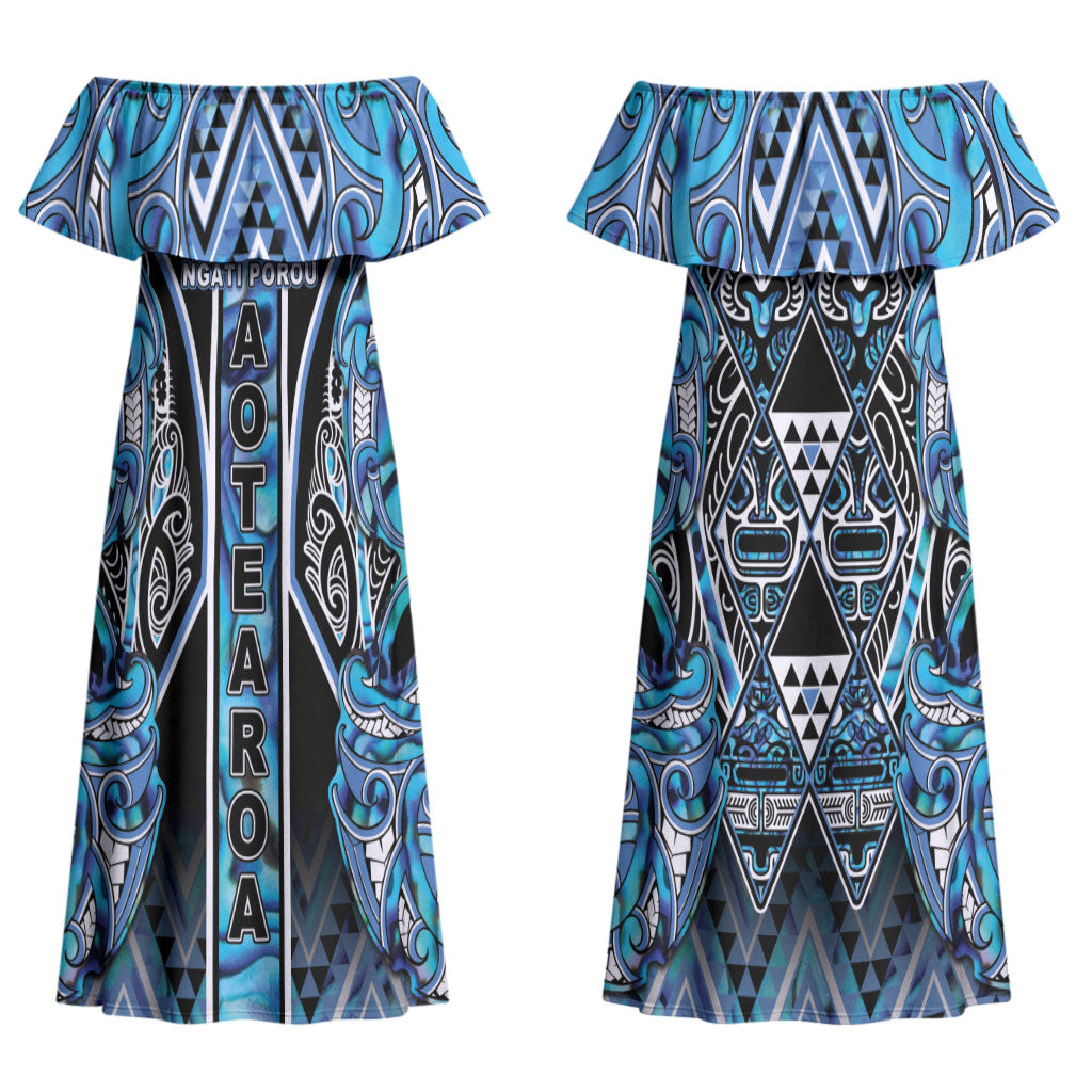 Aotearoa Ngati Porou Couples Matching Off Shoulder Maxi Dress and Long Sleeve Button Shirt Maori Light Blue Tribal Paua Shell Pattern DT05 - Polynesian Pride