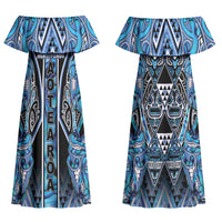 Aotearoa Ngati Porou Couples Matching Off Shoulder Maxi Dress and Long Sleeve Button Shirt Maori Light Blue Tribal Paua Shell Pattern DT05 - Polynesian Pride