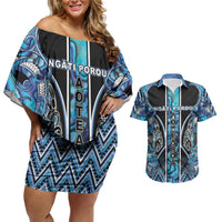 Aotearoa Ngati Porou Couples Matching Off Shoulder Short Dress and Hawaiian Shirt Maori Light Blue Tribal Paua Shell Pattern DT05 Blue - Polynesian Pride