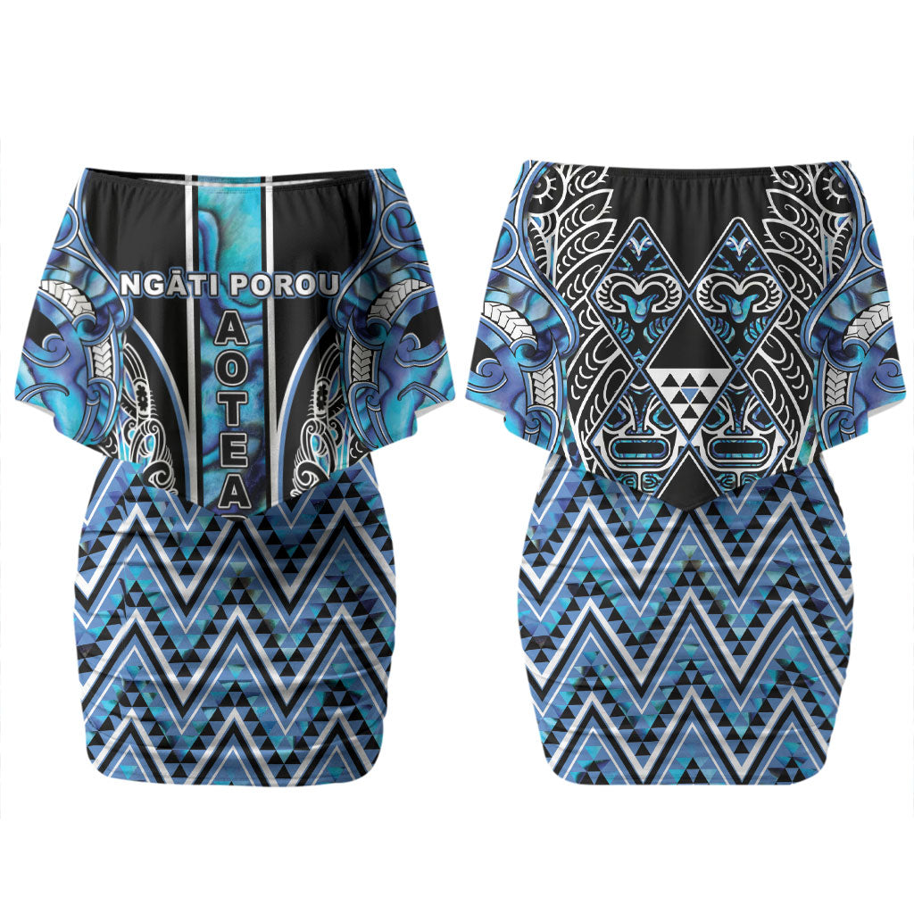 Aotearoa Ngati Porou Couples Matching Off Shoulder Short Dress and Hawaiian Shirt Maori Light Blue Tribal Paua Shell Pattern DT05 - Polynesian Pride