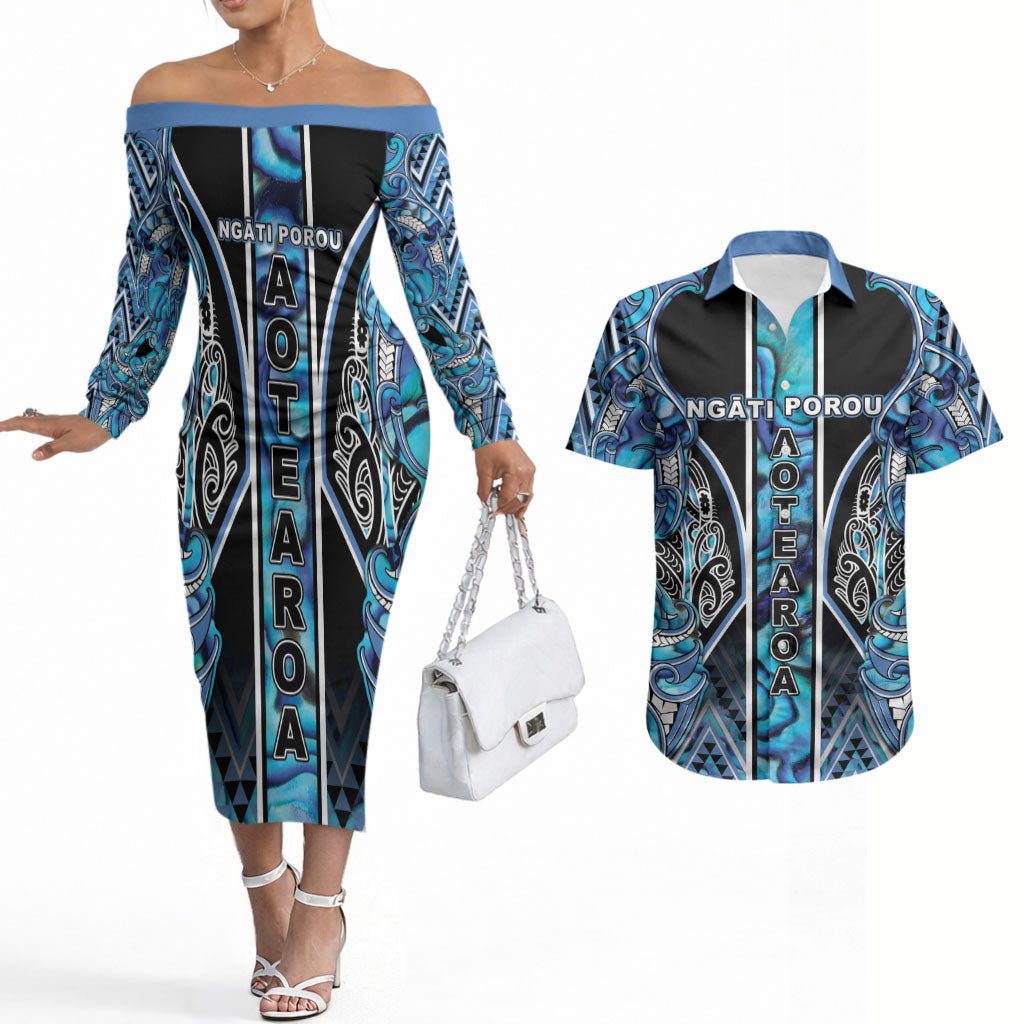 Aotearoa Ngati Porou Couples Matching Off The Shoulder Long Sleeve Dress and Hawaiian Shirt Maori Light Blue Tribal Paua Shell Pattern DT05 Blue - Polynesian Pride