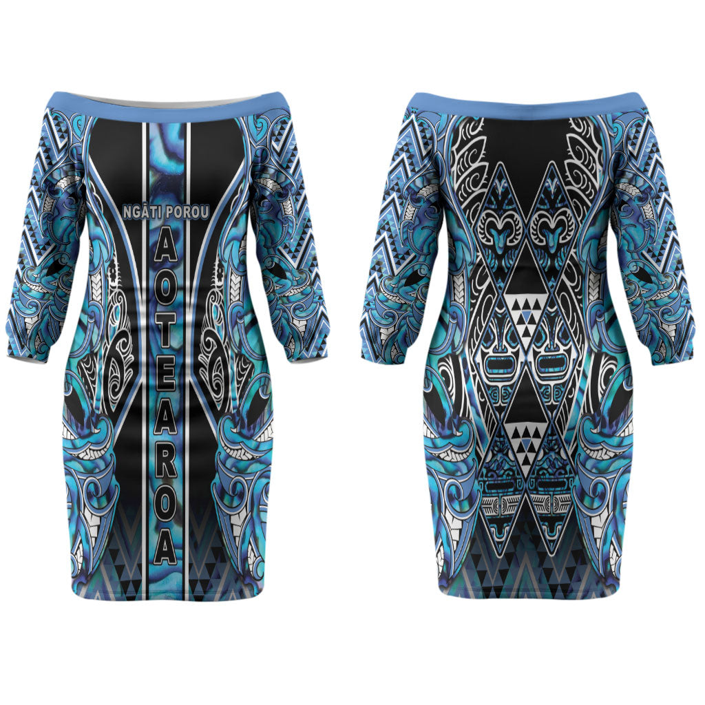 Aotearoa Ngati Porou Couples Matching Off The Shoulder Long Sleeve Dress and Hawaiian Shirt Maori Light Blue Tribal Paua Shell Pattern DT05 - Polynesian Pride