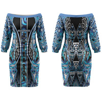 Aotearoa Ngati Porou Couples Matching Off The Shoulder Long Sleeve Dress and Hawaiian Shirt Maori Light Blue Tribal Paua Shell Pattern DT05 - Polynesian Pride