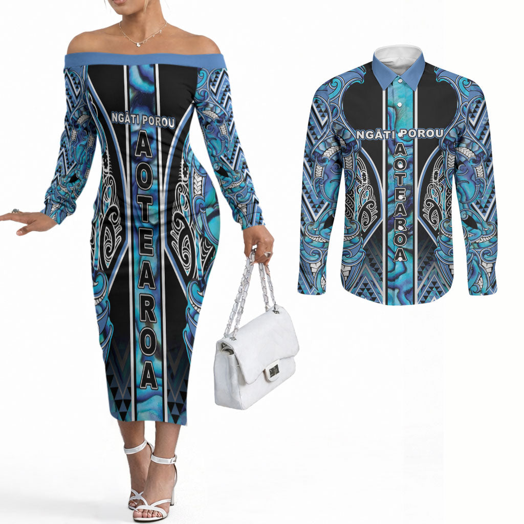 Aotearoa Ngati Porou Couples Matching Off The Shoulder Long Sleeve Dress and Long Sleeve Button Shirt Maori Light Blue Tribal Paua Shell Pattern DT05 Blue - Polynesian Pride