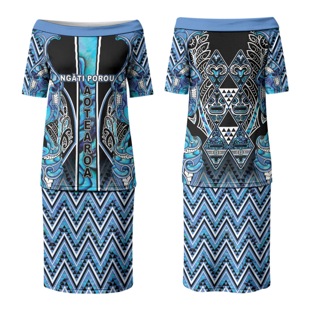 Aotearoa Ngati Porou Couples Matching Puletasi and Long Sleeve Button Shirt Maori Light Blue Tribal Paua Shell Pattern DT05 - Polynesian Pride