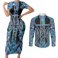 Aotearoa Ngati Porou Couples Matching Short Sleeve Bodycon Dress and Long Sleeve Button Shirt Maori Light Blue Tribal Paua Shell Pattern DT05 Blue - Polynesian Pride