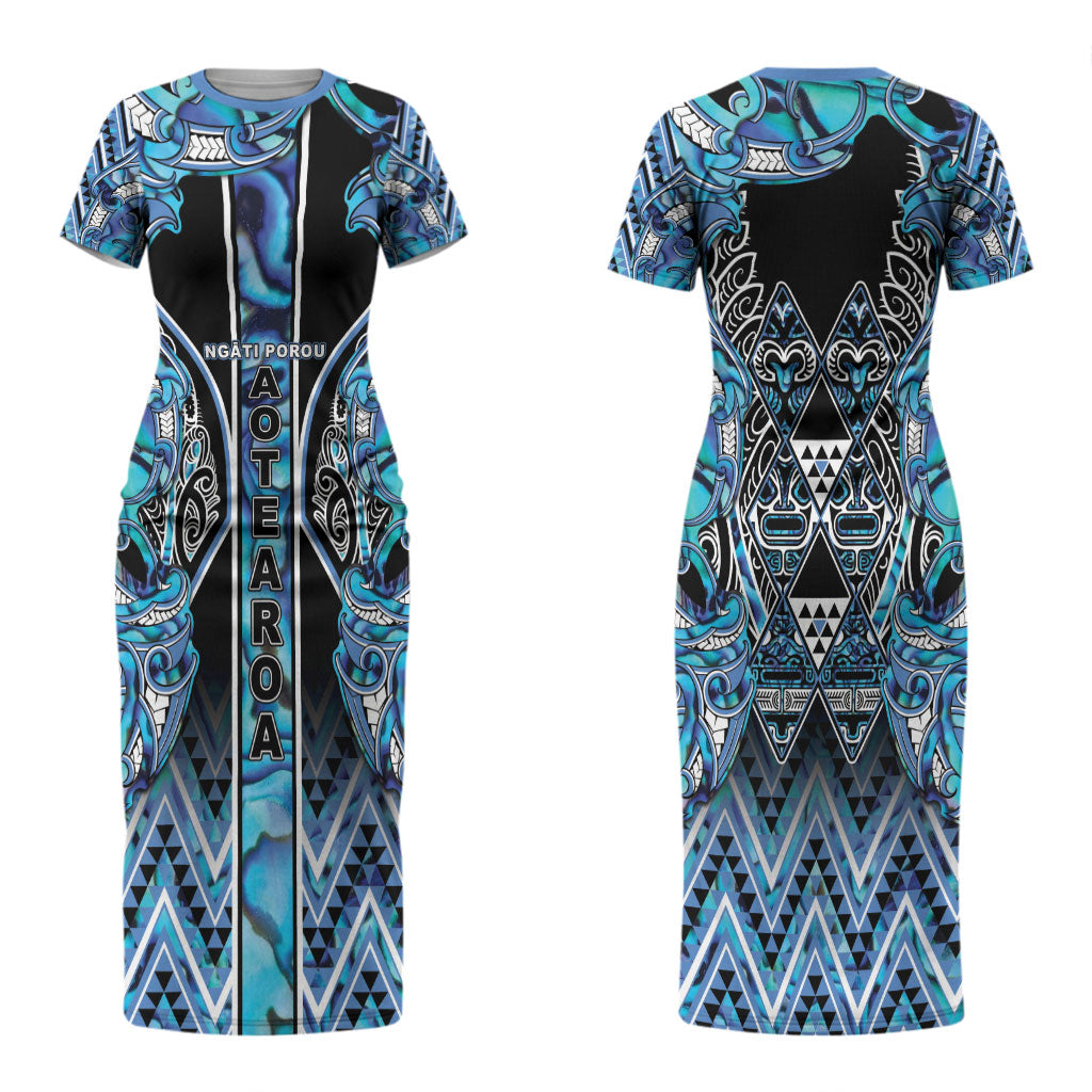 Aotearoa Ngati Porou Couples Matching Short Sleeve Bodycon Dress and Long Sleeve Button Shirt Maori Light Blue Tribal Paua Shell Pattern DT05 - Polynesian Pride