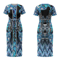 Aotearoa Ngati Porou Couples Matching Short Sleeve Bodycon Dress and Long Sleeve Button Shirt Maori Light Blue Tribal Paua Shell Pattern DT05 - Polynesian Pride