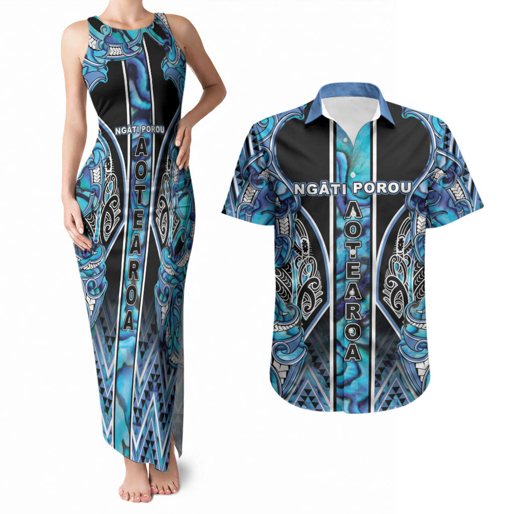 Aotearoa Ngati Porou Couples Matching Tank Maxi Dress and Hawaiian Shirt Maori Light Blue Tribal Paua Shell Pattern DT05 Blue - Polynesian Pride