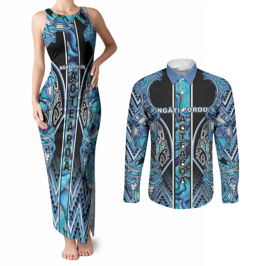 Aotearoa Ngati Porou Couples Matching Tank Maxi Dress and Long Sleeve Button Shirt Maori Light Blue Tribal Paua Shell Pattern DT05 Blue - Polynesian Pride