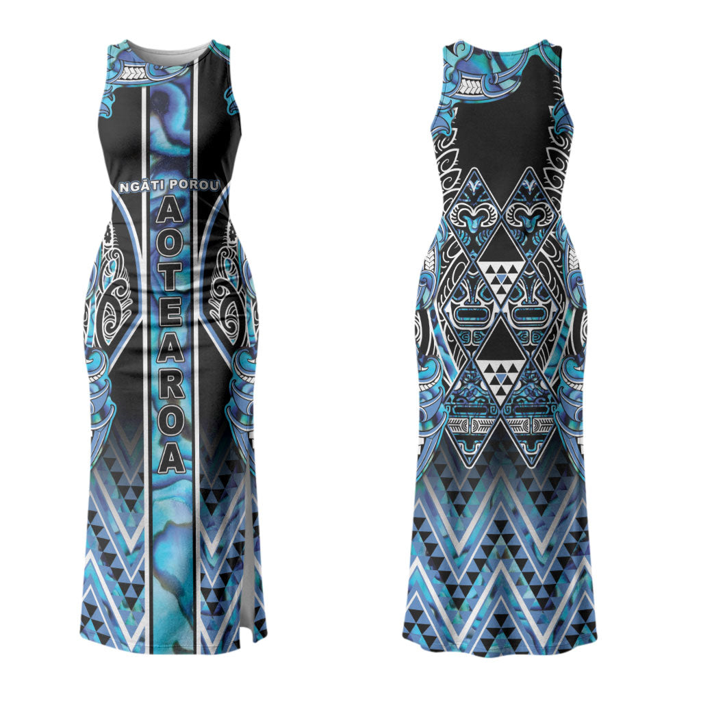 Aotearoa Ngati Porou Couples Matching Tank Maxi Dress and Long Sleeve Button Shirt Maori Light Blue Tribal Paua Shell Pattern DT05 - Polynesian Pride