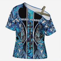 Aotearoa Ngati Porou Cross Shoulder Shirt Maori Light Blue Tribal Paua Shell Pattern DT05 Female Blue - Polynesian Pride