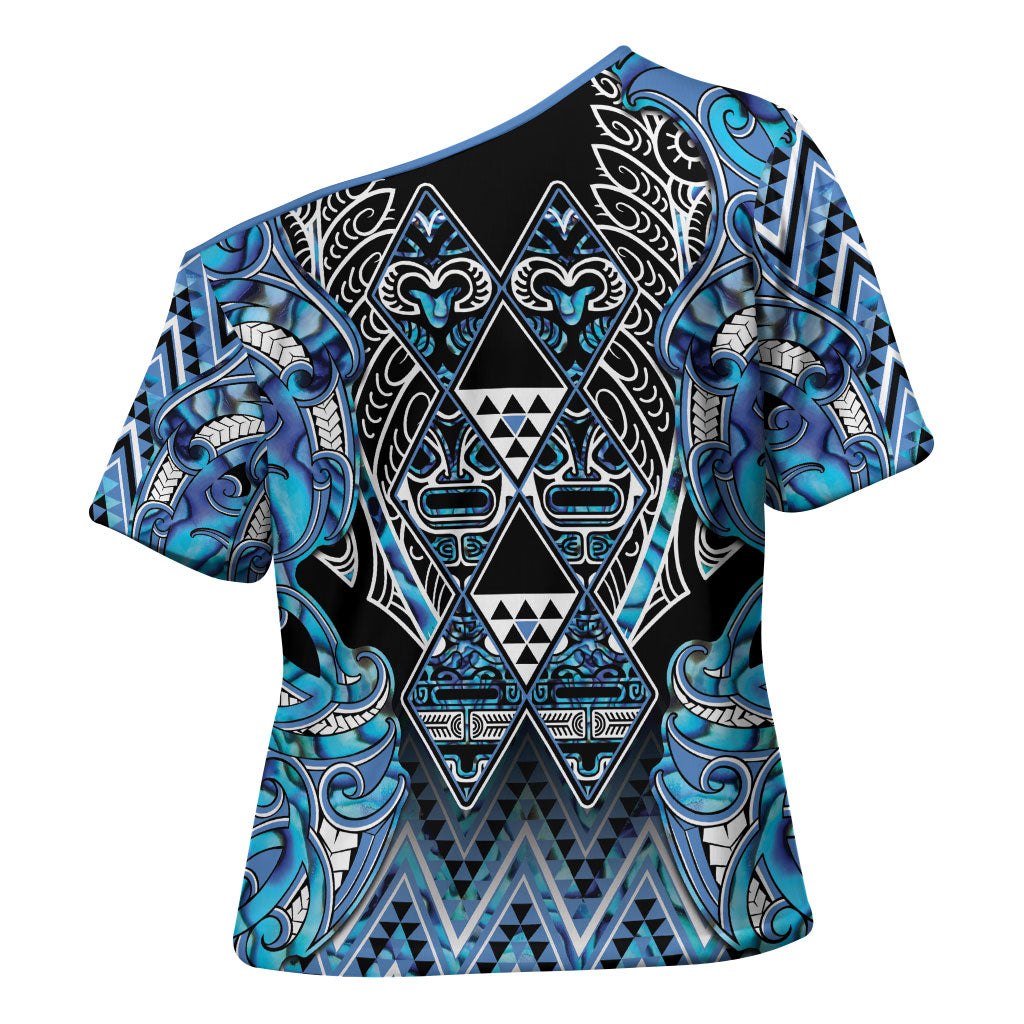 Aotearoa Ngati Porou Cross Shoulder Shirt Maori Light Blue Tribal Paua Shell Pattern DT05 - Polynesian Pride