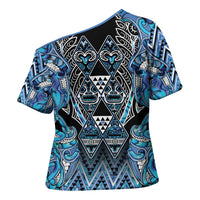 Aotearoa Ngati Porou Cross Shoulder Shirt Maori Light Blue Tribal Paua Shell Pattern DT05 - Polynesian Pride