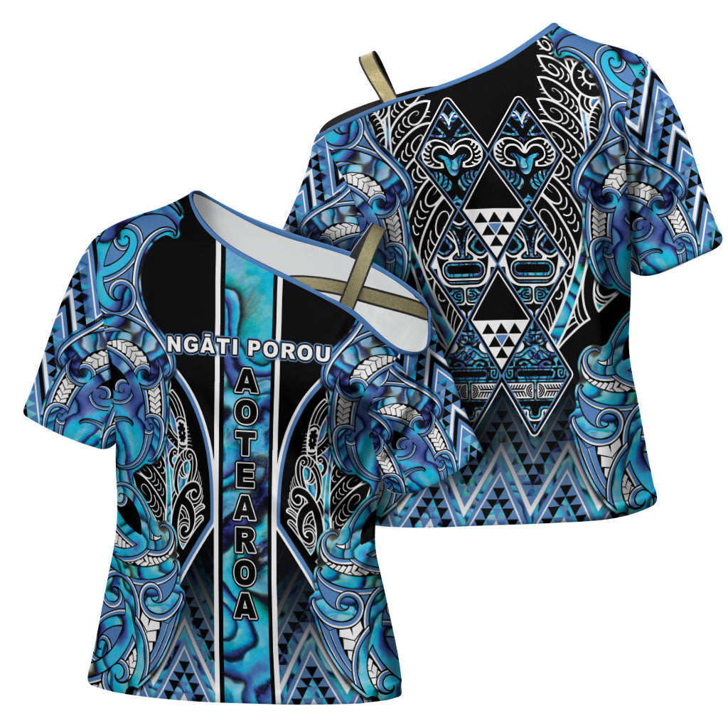 Aotearoa Ngati Porou Cross Shoulder Shirt Maori Light Blue Tribal Paua Shell Pattern DT05 - Polynesian Pride