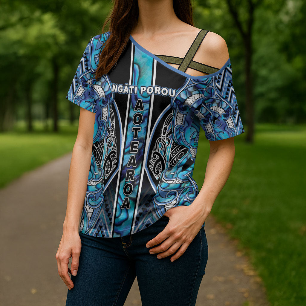 Aotearoa Ngati Porou Cross Shoulder Shirt Maori Light Blue Tribal Paua Shell Pattern DT05 - Polynesian Pride