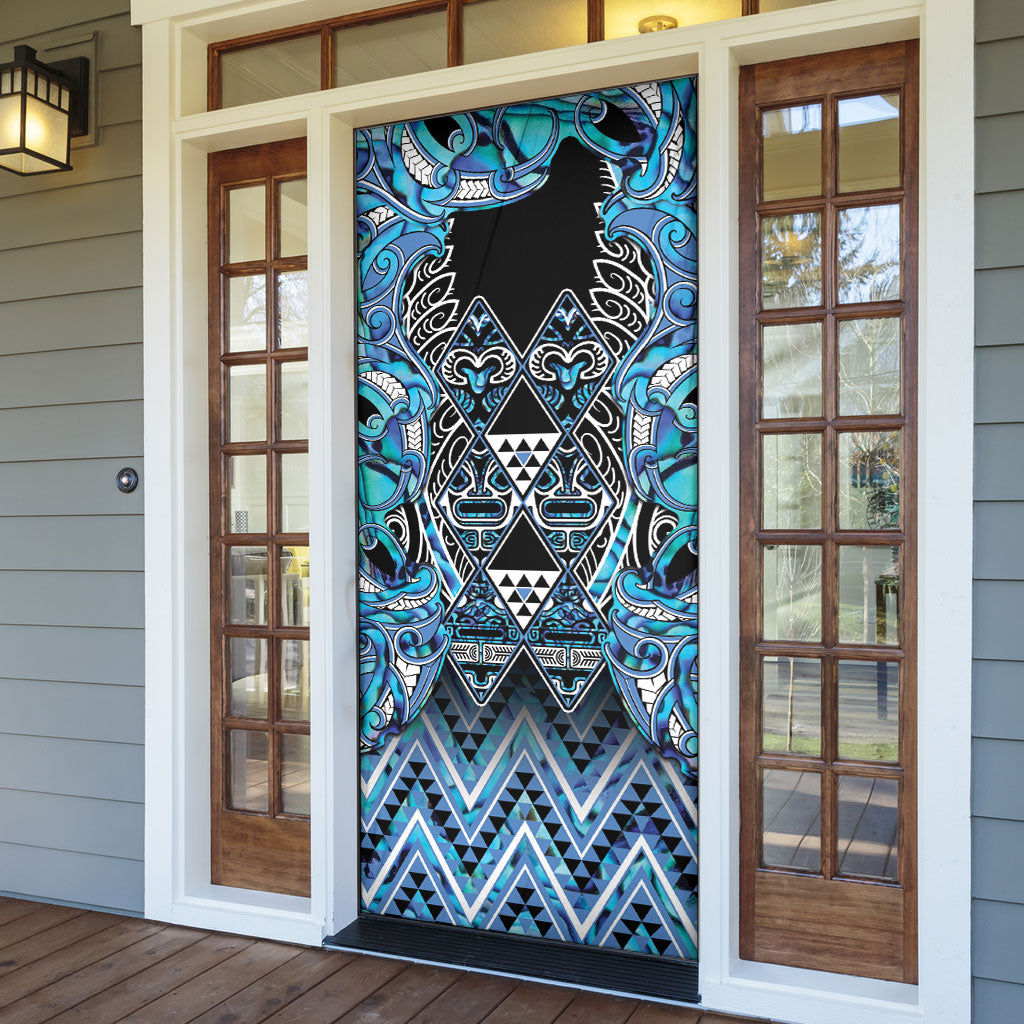 Aotearoa Ngati Porou Door Cover Maori Light Blue Tribal Paua Shell Pattern DT05 - Polynesian Pride