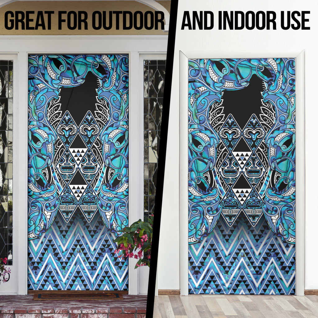 Aotearoa Ngati Porou Door Cover Maori Light Blue Tribal Paua Shell Pattern DT05 - Polynesian Pride