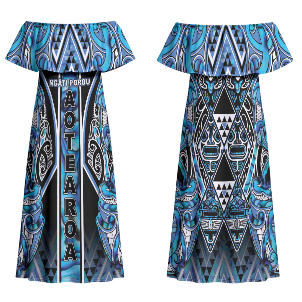 Aotearoa Ngati Porou Family Matching Off Shoulder Maxi Dress and Hawaiian Shirt Maori Light Blue Tribal Paua Shell Pattern DT05 Mom's Dress Blue - Polynesian Pride