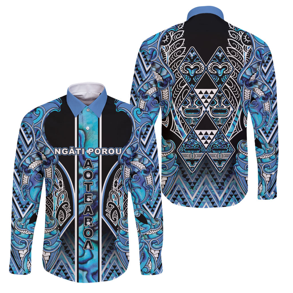 Aotearoa Ngati Porou Family Matching Off Shoulder Maxi Dress and Hawaiian Shirt Maori Light Blue Tribal Paua Shell Pattern DT05 Dad's Shirt - Long Sleeve Blue - Polynesian Pride