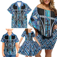 Aotearoa Ngati Porou Family Matching Off Shoulder Short Dress and Hawaiian Shirt Maori Light Blue Tribal Paua Shell Pattern DT05 - Polynesian Pride