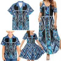 Aotearoa Ngati Porou Family Matching Summer Maxi Dress and Hawaiian Shirt Maori Light Blue Tribal Paua Shell Pattern DT05 - Polynesian Pride