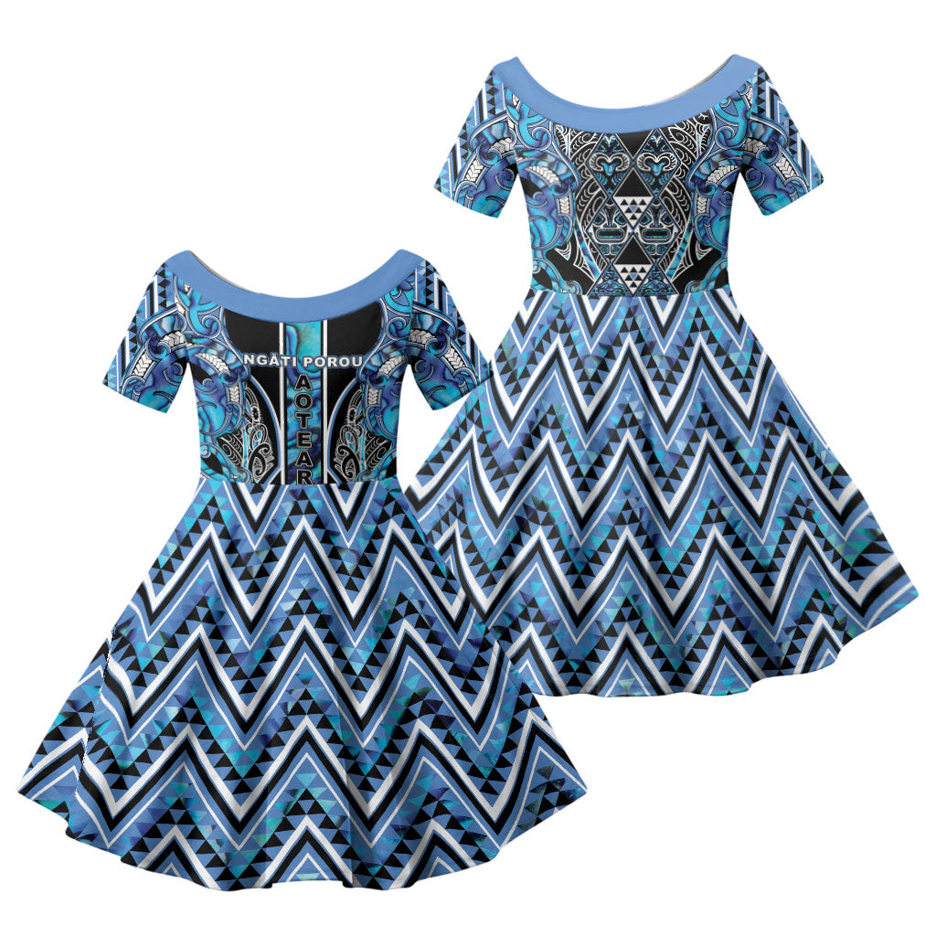 Aotearoa Ngati Porou Family Matching Summer Maxi Dress and Hawaiian Shirt Maori Light Blue Tribal Paua Shell Pattern DT05 Daughter's Dress Blue - Polynesian Pride