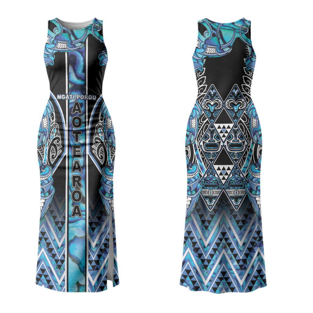 Aotearoa Ngati Porou Family Matching Tank Maxi Dress and Hawaiian Shirt Maori Light Blue Tribal Paua Shell Pattern DT05 Mom's Dress Blue - Polynesian Pride